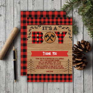 Tarjeta De Agradecimiento Es un niño Rustic Wood Plaid Baby Shower