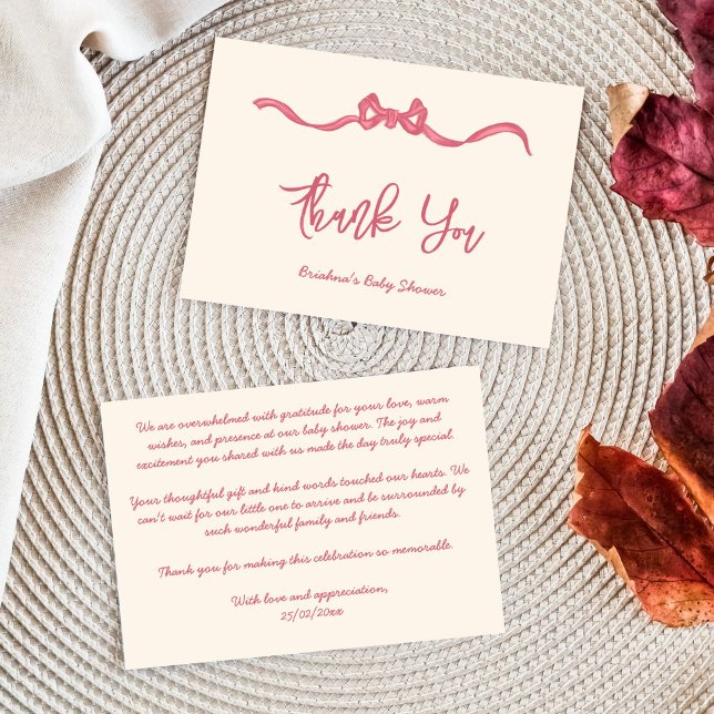 Tarjeta De Agradecimiento Esbozo de arco de cinta rosa ducha bebé (Pink ribbon bow sketch baby shower thank you card whimsical handwritten baby shower thank you card)