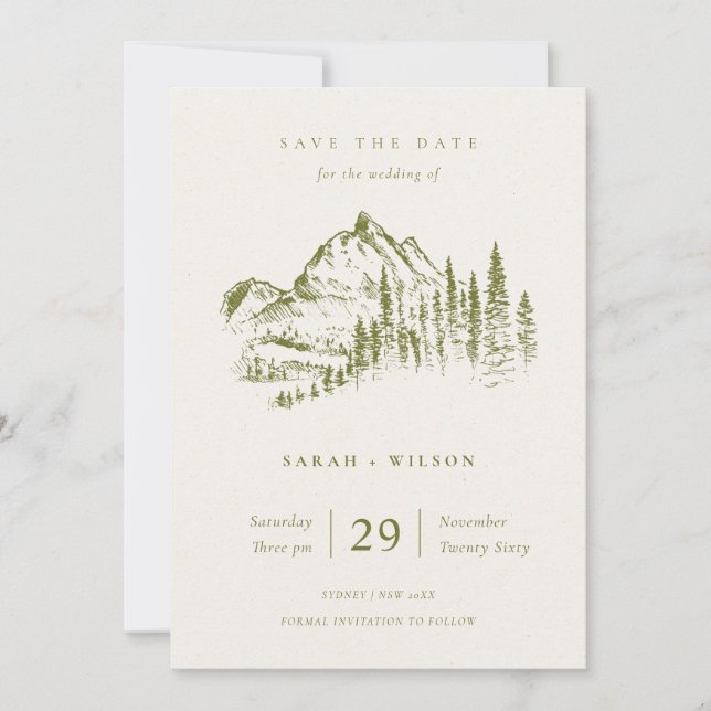 Tarjeta De Agradecimiento Esbozo De Montaña De Pino Verde De Oliva Ahorra La (Anverso)