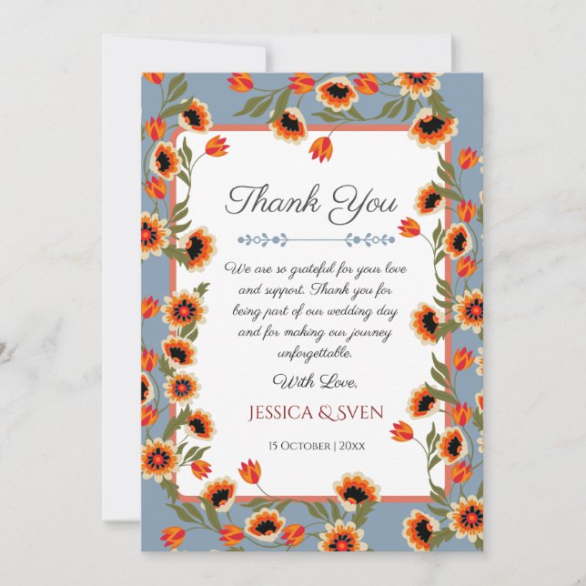 Tarjeta De Agradecimiento Escándalo floral rústico Boda de inspiración folcl (Anverso)