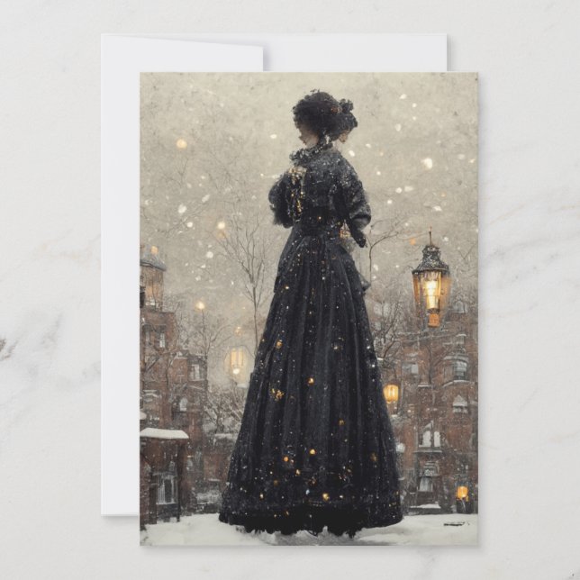 Tarjeta De Agradecimiento Escena de nieve de mujer victoriana (Anverso)
