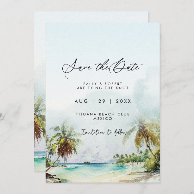 Tarjeta De Agradecimiento Escena de playa de palmeras tropicales salva la ta (Anverso / Reverso)