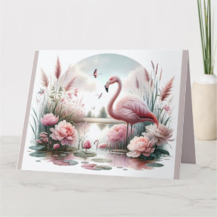 Tarjeta De Agradecimiento Escena floral de flamenco en estanque pastel