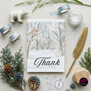 Tarjeta De Agradecimiento Escena forestal de búho de invierno en acuarela