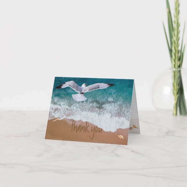 Tarjeta De Agradecimiento Escenario de playa de escritura de arena Aqua + ar (Anverso)