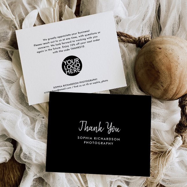 Tarjeta De Agradecimiento Escritura a mano moderna y negra | Pequeñas empres (A modern, black and white small business thank you card with your logo)
