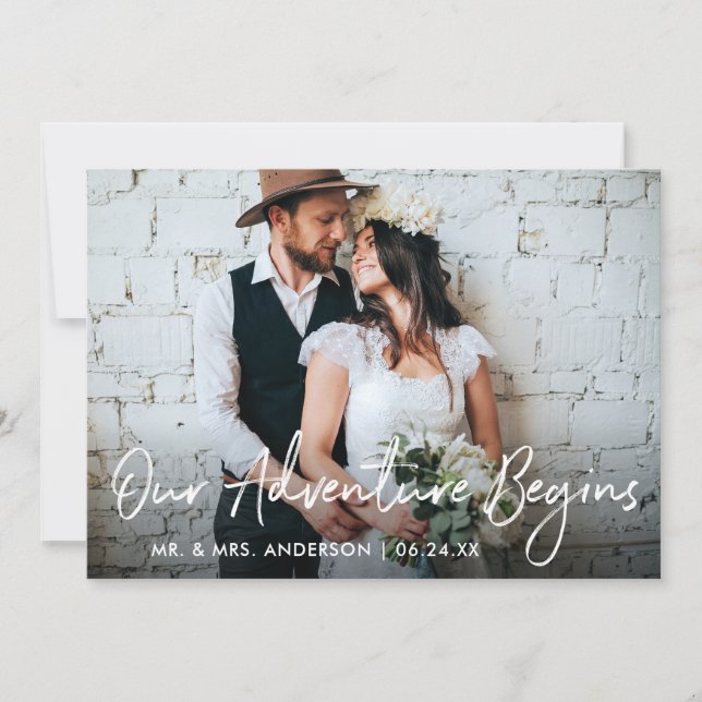 Tarjeta De Agradecimiento Escritura a mano Nuestra aventura empieza Boda (Anverso)