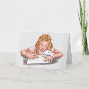 Tarjeta De Agradecimiento Escritura de chica con papel comiendo conejo masco