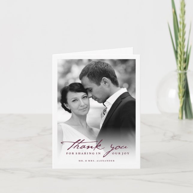 Tarjeta De Agradecimiento Escritura manuscrita romántica guión Boda de fotog (Anverso)