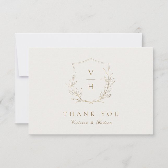 Tarjeta De Agradecimiento Escudo botánico simple dorado boda gracias (Anverso)