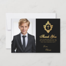 Tarjeta De Agradecimiento Escudo de oro negro  elegante foto de chico