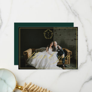 Tarjeta De Agradecimiento Escudo de oro vintage Monograma Boda Foto Esmerald