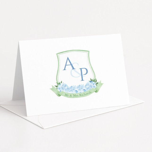 Tarjeta De Agradecimiento Escudo del Boda botánico de Sap Green Blue Hydrang (Watercolor sap green wedding crest with blue hydrangeas and monogram text thank you cards)