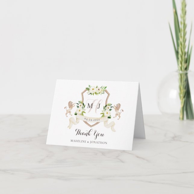 Tarjeta De Agradecimiento Escudo elegante del león del verdor blanco beige (Anverso)
