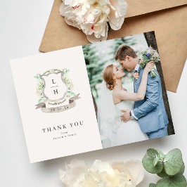 Tarjeta De Agradecimiento Escudo floral Acuarela Monograma Boda