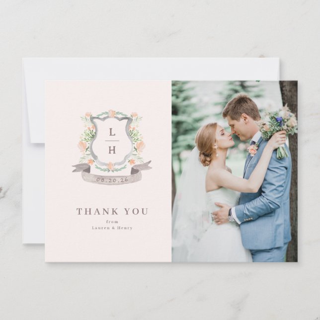 Tarjeta De Agradecimiento Escudo floral Acuarela Monograma Boda (Anverso)