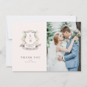 Tarjeta De Agradecimiento Escudo floral Acuarela Monograma Boda