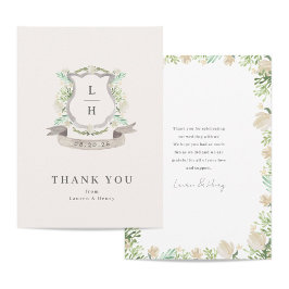 Tarjeta De Agradecimiento Escudo floral acuarela Monograma Boda plano