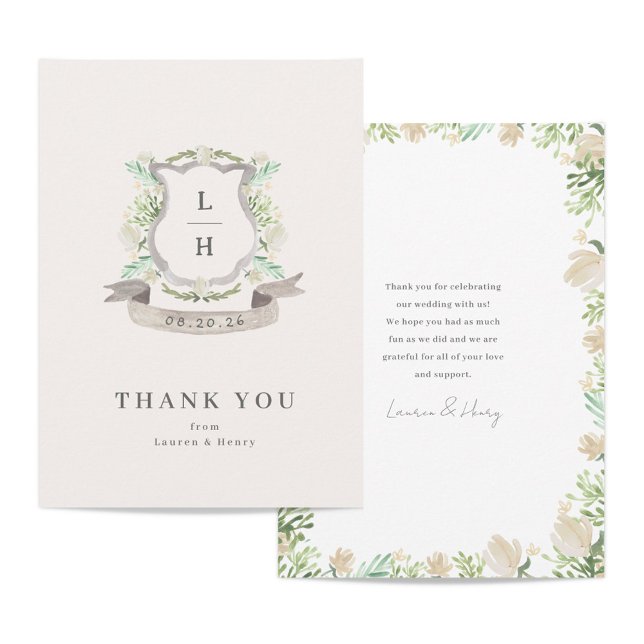 Tarjeta De Agradecimiento Escudo floral acuarela Monograma Boda plano (Subido por el creador)