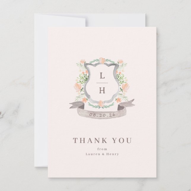 Tarjeta De Agradecimiento Escudo floral acuarela Monograma Boda plano (Anverso)