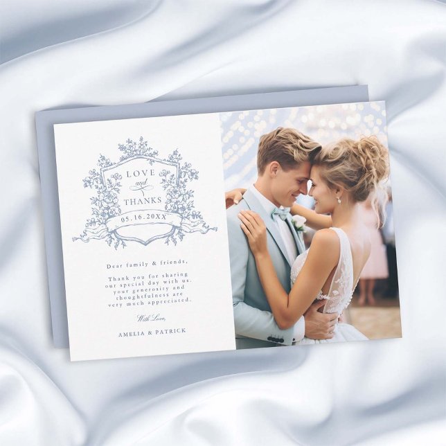 Tarjeta De Agradecimiento Escudo floral Dusty Blue Classic Foto Boda (Subido por el creador)