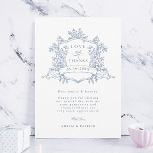 Tarjeta De Agradecimiento Escudo floral Dusty Blue Classic Foto Boda
