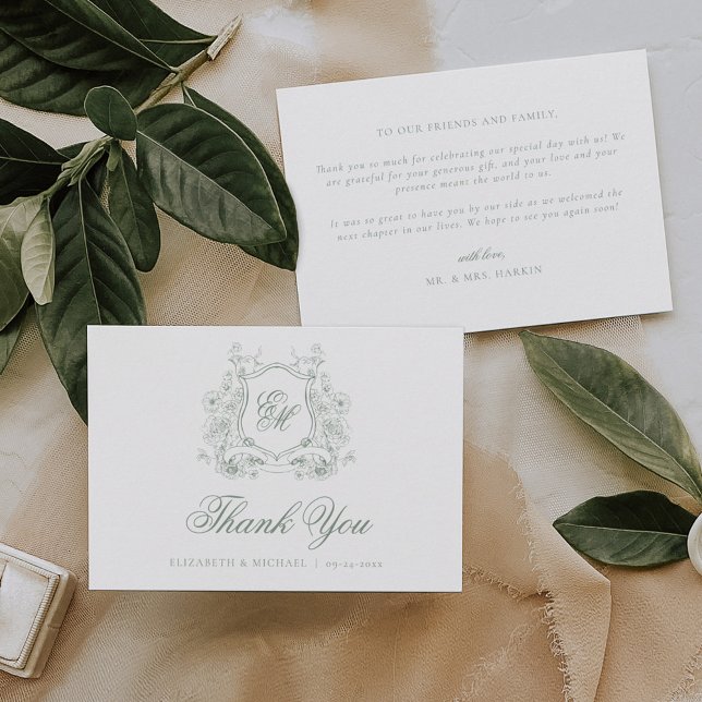 Tarjeta De Agradecimiento Escudo floral verde sabio Monograma matrimonio ele (Subido por el creador)