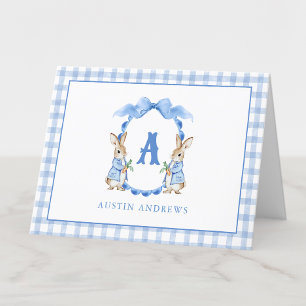 Tarjeta De Agradecimiento Escudo Monograma de Blue Bunny Rabbit Gingham