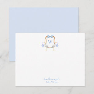 Tarjeta De Agradecimiento Escudo monogramada con niño bebé cigüeña