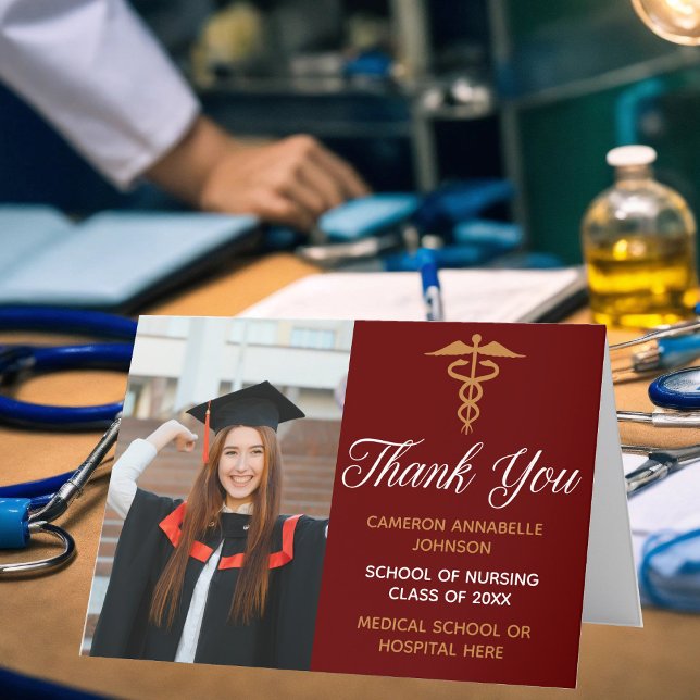 Tarjeta De Agradecimiento Escuela de Medicina Maroon Gold Graduation Photo (Subido por el creador)