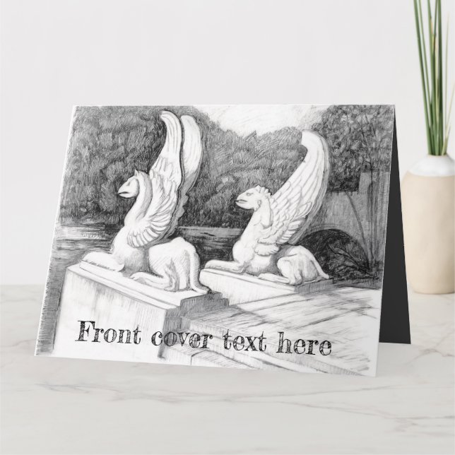 Tarjeta De Agradecimiento Escultura de Griffins lápiz monocromo Art (Anverso)