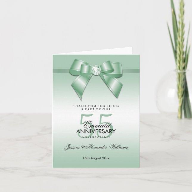 Tarjeta De Agradecimiento Esmeralda Gem Bow & Ribbon 55º Aniversario Boda (Anverso)