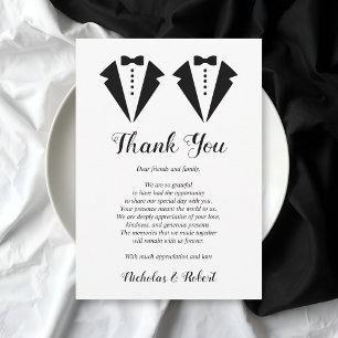 Tarjeta De Agradecimiento Esmoquin blanco y negro dos novios boda gay