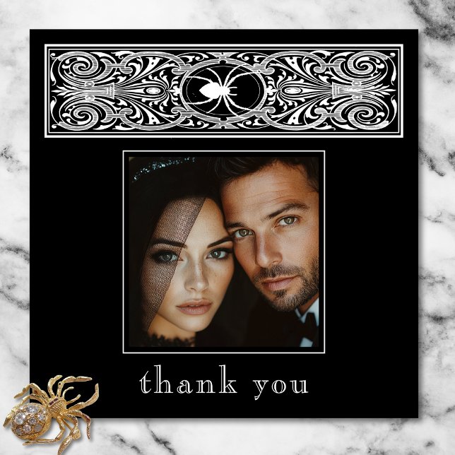 Tarjeta De Agradecimiento Espeluznante gótica foto de Boda blanco negro (Gothic Spooky Spider Black White Wedding Photo Thank You Card)