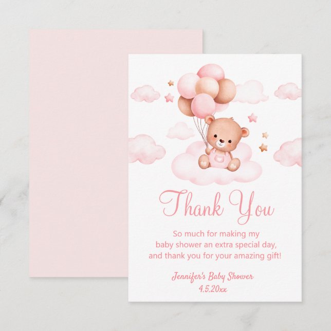 Tarjeta De Agradecimiento espera, chica bebé ducha lindo oso rosa (Anverso / Reverso)