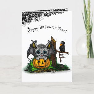 Tarjeta De Agradecimiento Esperando Halloween , Cute Bat y Raven