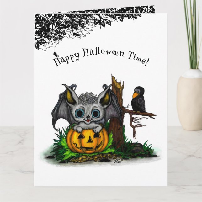 Tarjeta De Agradecimiento Esperando Halloween , Cute Bat y Raven (Anverso)
