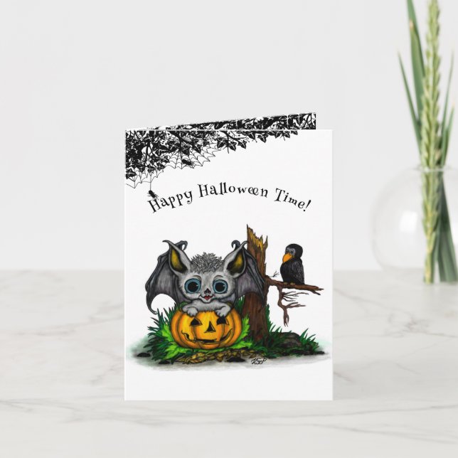 Tarjeta De Agradecimiento Esperando Halloween , Cute Bat y Raven (Anverso)