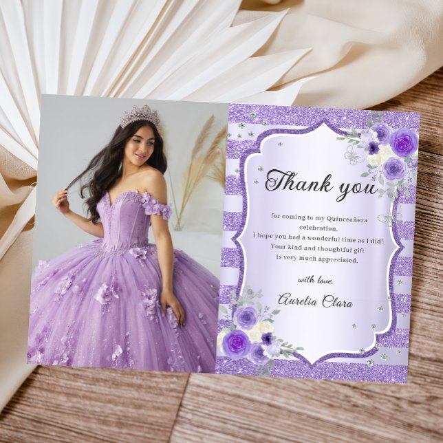 Tarjeta De Agradecimiento Espuma morada floral Quinceanera Foto (Subido por el creador)
