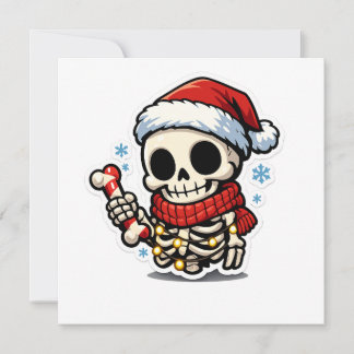 Tarjeta De Agradecimiento Esqueleto de Navidad lindo sosteniendo un bastón d