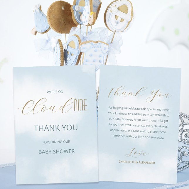 Tarjeta De Agradecimiento Estamos en Cloud 9 Elegant Script Blue Baby Shower (We´re on Cloud 9 Elegant Script Blue Baby Shower Thank You Card ©Susanne Sachers - Sunny Mind 🌞)