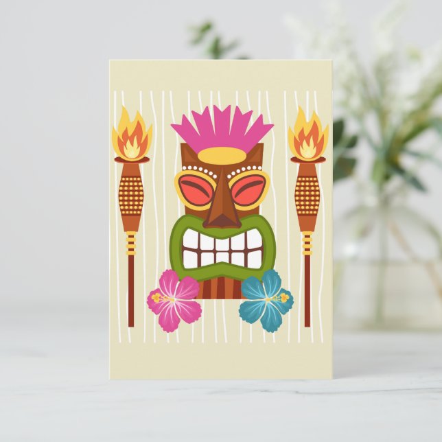Tarjeta De Agradecimiento Estatua tiki, antorchas y flor hibiscus (Anverso de pie)
