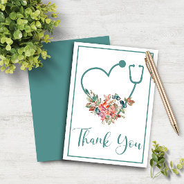 Tarjeta De Agradecimiento Estetioscopio floral verde azulado Corazón