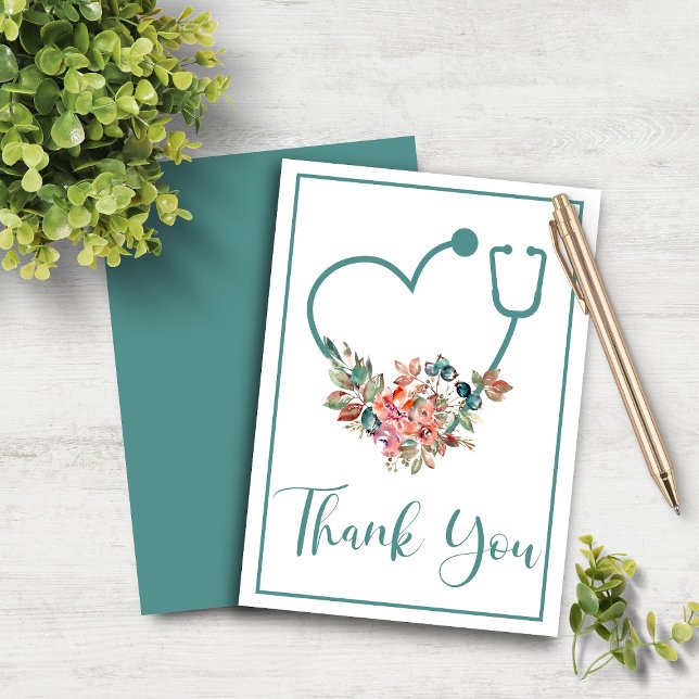 Tarjeta De Agradecimiento Estetioscopio floral verde azulado Corazón (Teal Floral Stethoscope Heart Thank You Card)
