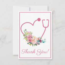 Tarjeta De Agradecimiento Estetoscopio Floral Rosa Corazón de Enfermera Grac