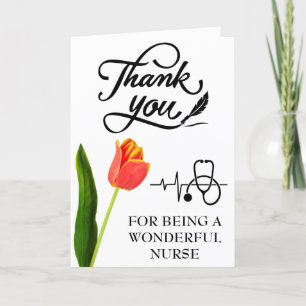 Tarjeta De Agradecimiento Estetoscopio y enfermera de tulipán naranja