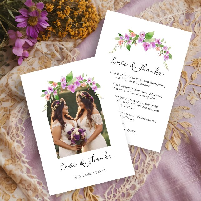 Tarjeta De Agradecimiento Estilo de tonos púrpura Arco floral foto boda (Stylish Purple Shades Floral Arch Photo Wedding Thank You Card.)