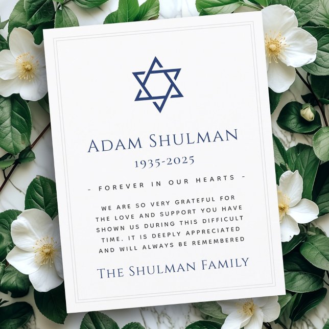 Tarjeta De Agradecimiento Estrella Azul de la solidaridad funeraria de David (Blue Star of David funeral sympathy thank you card)