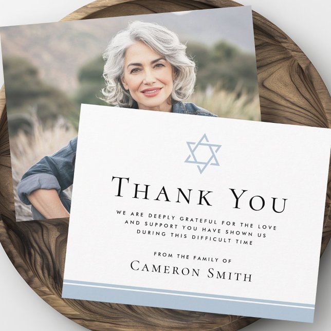 Tarjeta De Agradecimiento Estrella azul turca de David, foto de simpatía par (Dusty blue Star of David funeral sympathy photo Thank You Card)