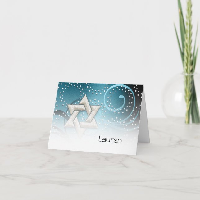 Tarjeta De Agradecimiento Estrella azul verde azulada del David y cristales  (Anverso)